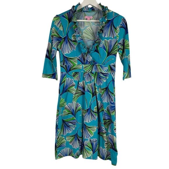 Lilly Pulitzer size XS Blayney Ruffle Dress Ginko Leaf Pattern Silk Blend - Picture 2 of 10